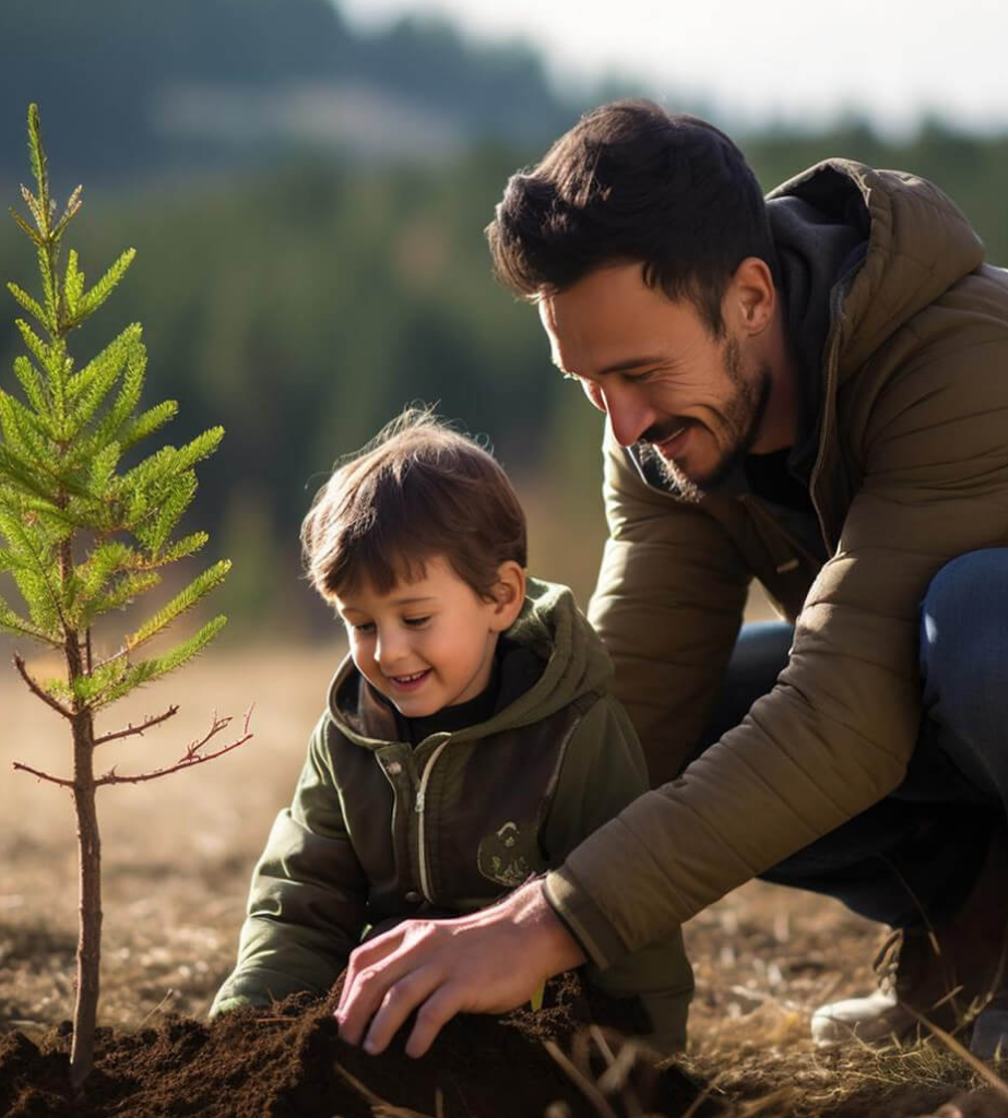 Un parent et un enfant plantent un jeune arbre