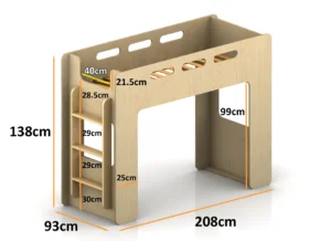 Dimensions du lit superposé en bois pour enfant avec mezzanine MIMI A