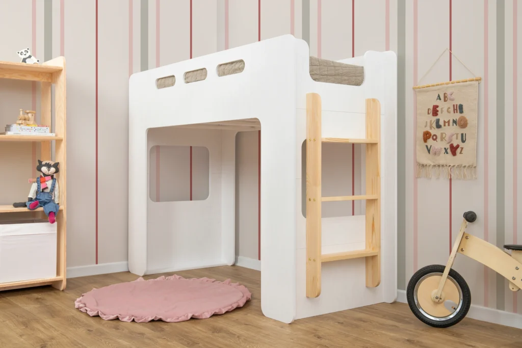 Lit mezzanine en bois fabriqué en contreplaqué de pin couleur blanc