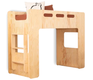 Letto a soppalco in legno, realizzato in compensato di pino color legno naturale