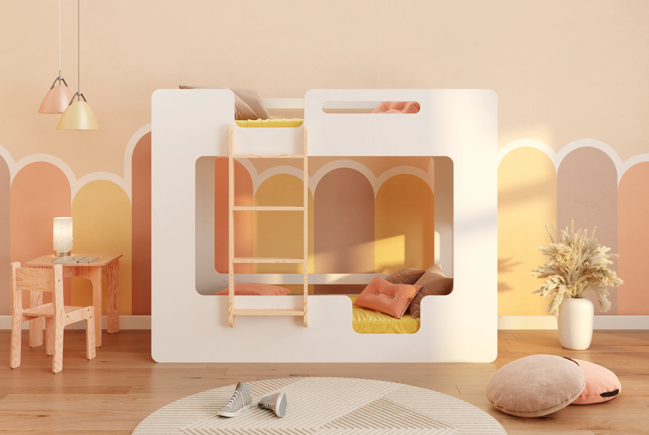 Lit superposé en bois fabriqué en contreplaqué de pin couleur blanc avec une échelle sur le côté gauche