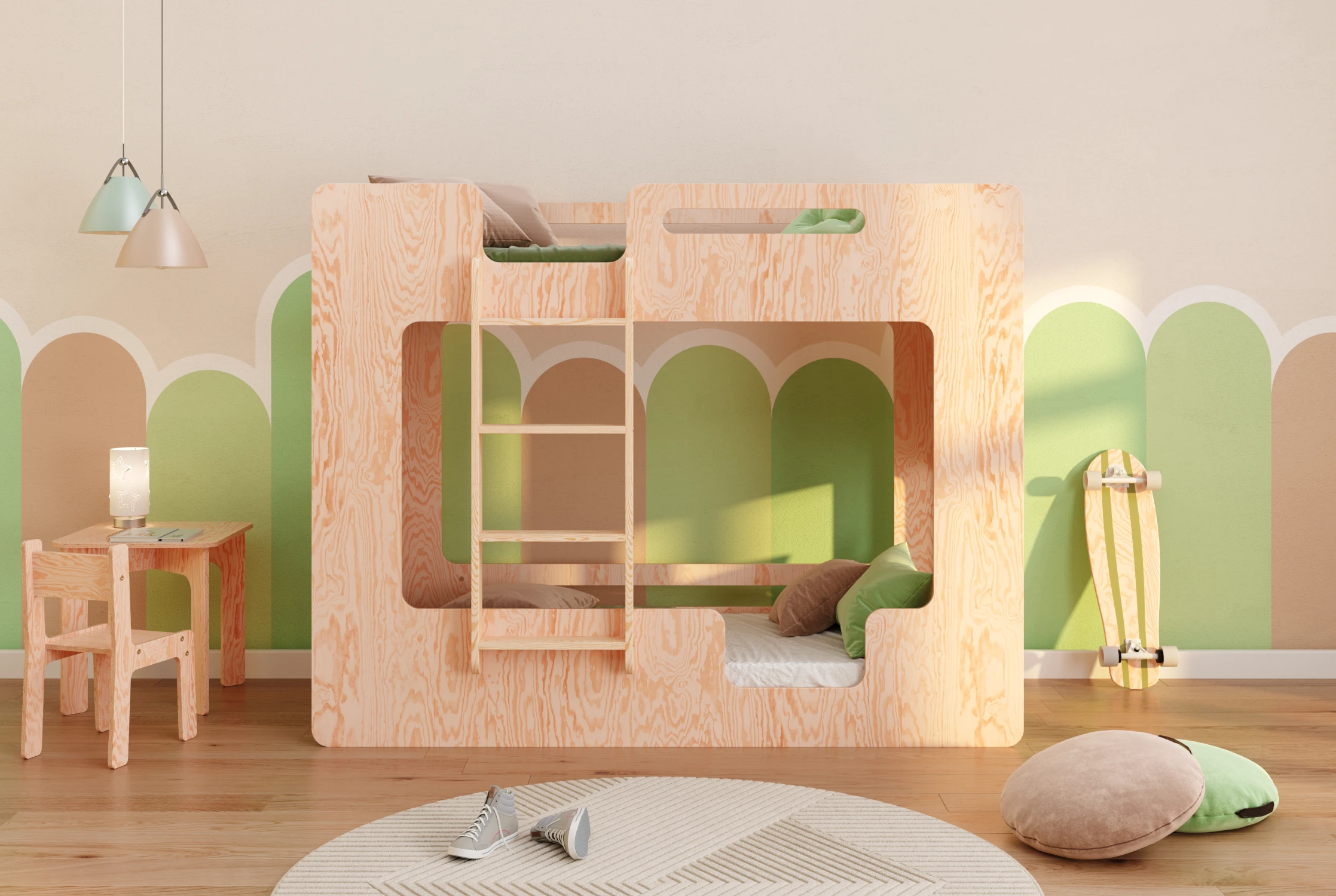 Lit superposé en bois pour enfants avec barrières de sécurité et sommier MIMI B Montessori