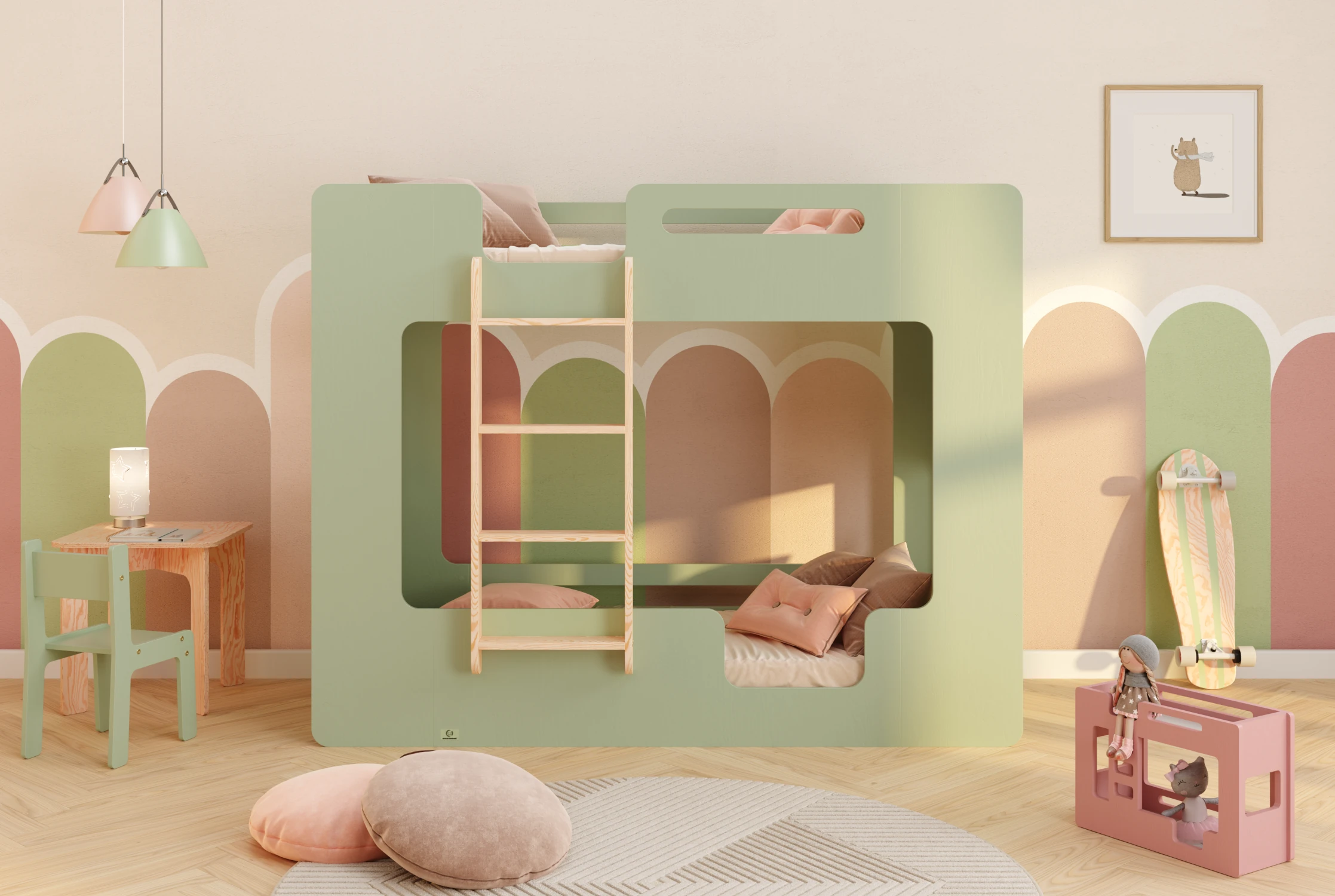 Lit superposé en bois fabriqué en contreplaqué de pin couleur vert avec une échelle sur le côté gauche