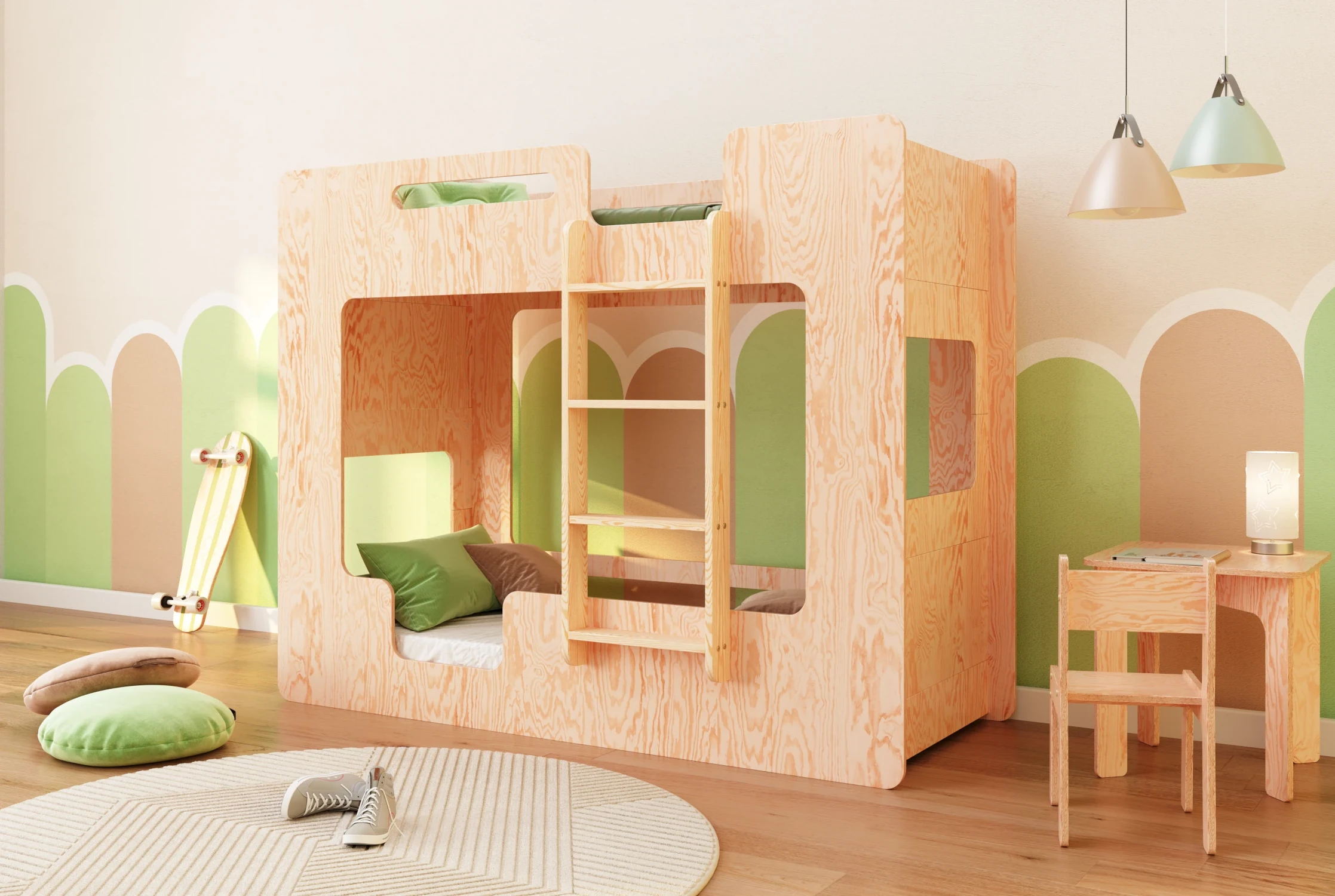 Lit enfant superposé Mimi B en bois naturel avec échelle à droite dans une chambre d'enfant