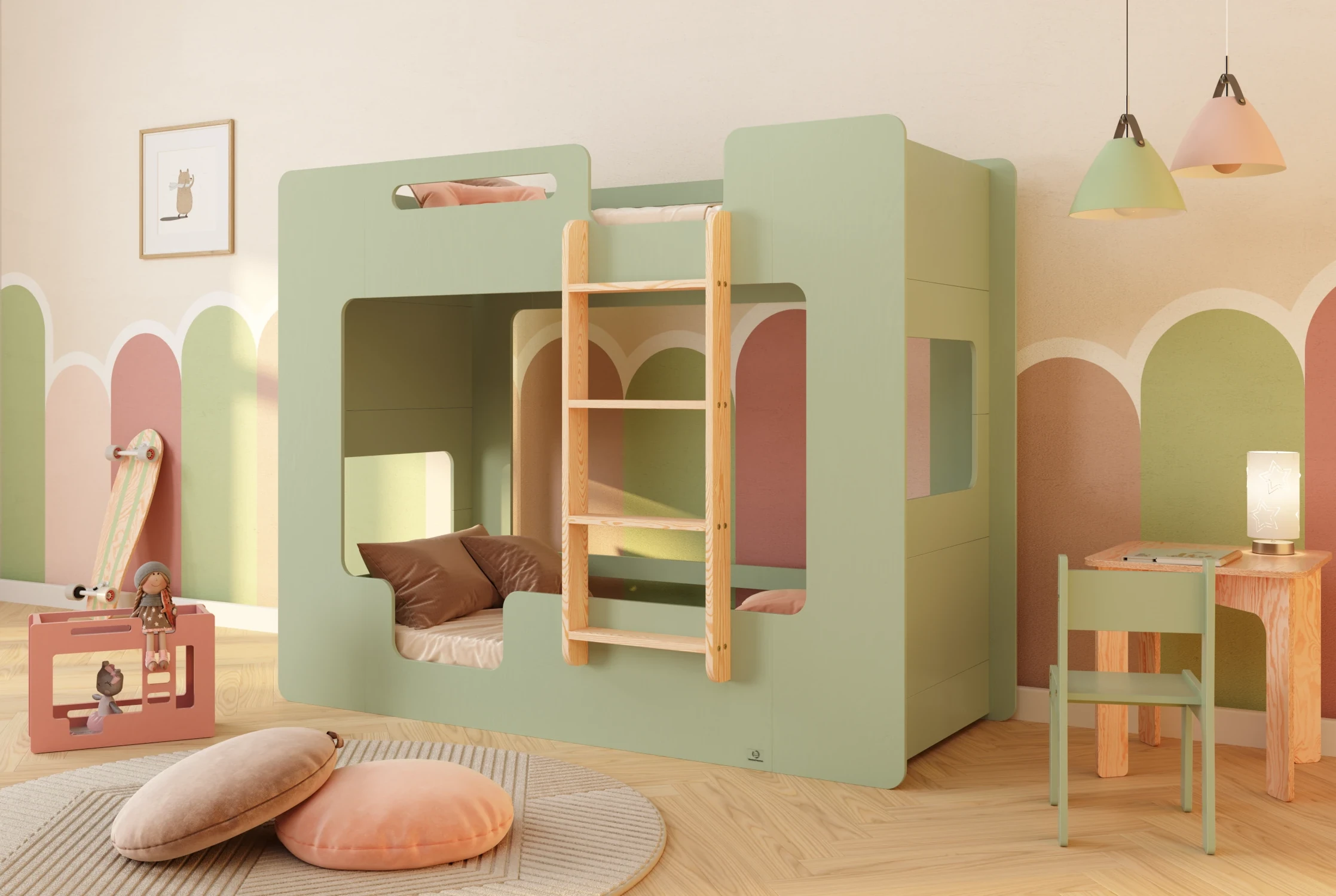 Letto a castello in legno per bambini con barriere di sicurezza e rete MIMI B Montessori