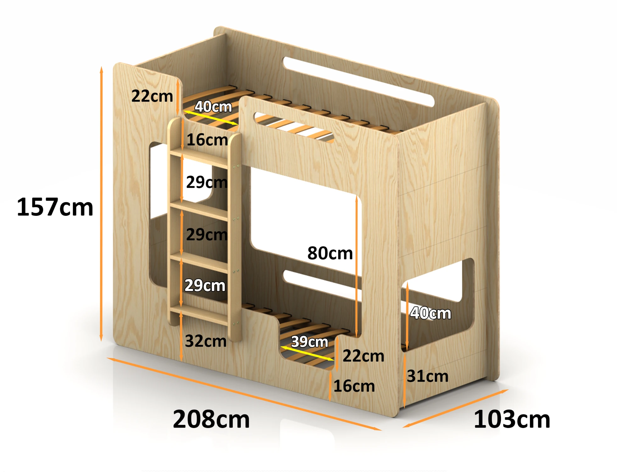 Dimensions du lit superposé en bois pour enfants MIMI B