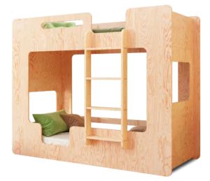 Letto a castello in legno, realizzato in compensato di pino color legno naturale, con una scaletta sul lato destro