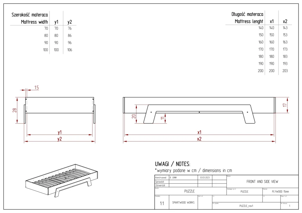 Dessin technique du lit PUZZLE