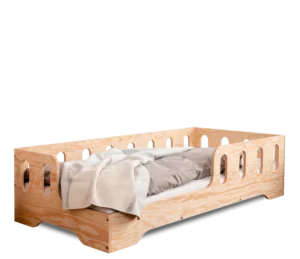Letto in legno realizzato in compensato di pino color legno naturale con ingresso a sinistra