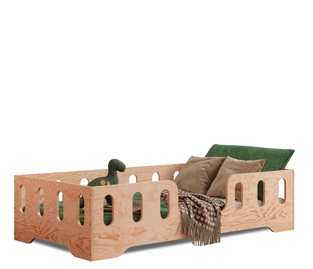 Letto in legno realizzato in compensato di pino color legno naturale con accesso laterale