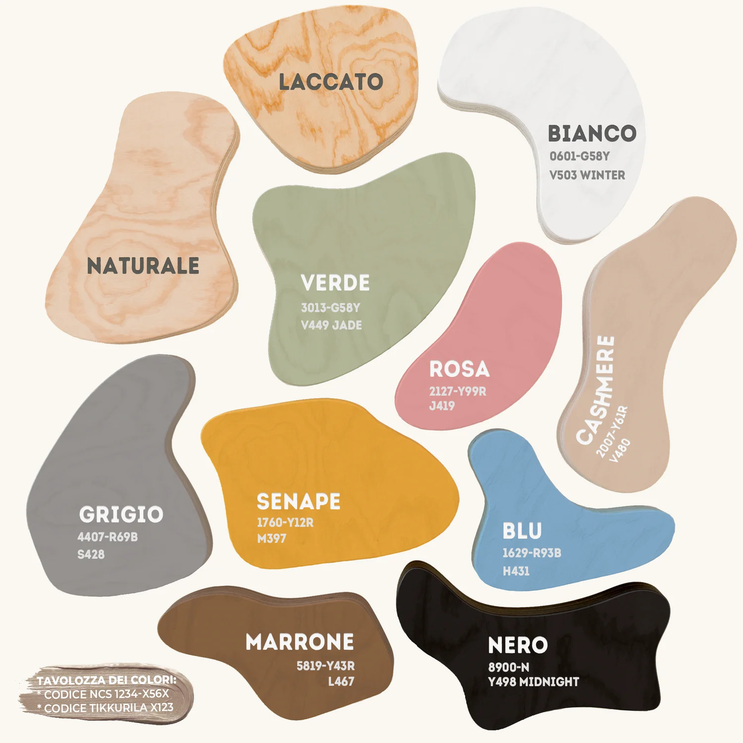 Cartella colori con codici cromatici (NCS / Tikkurila) — finiture disponibili