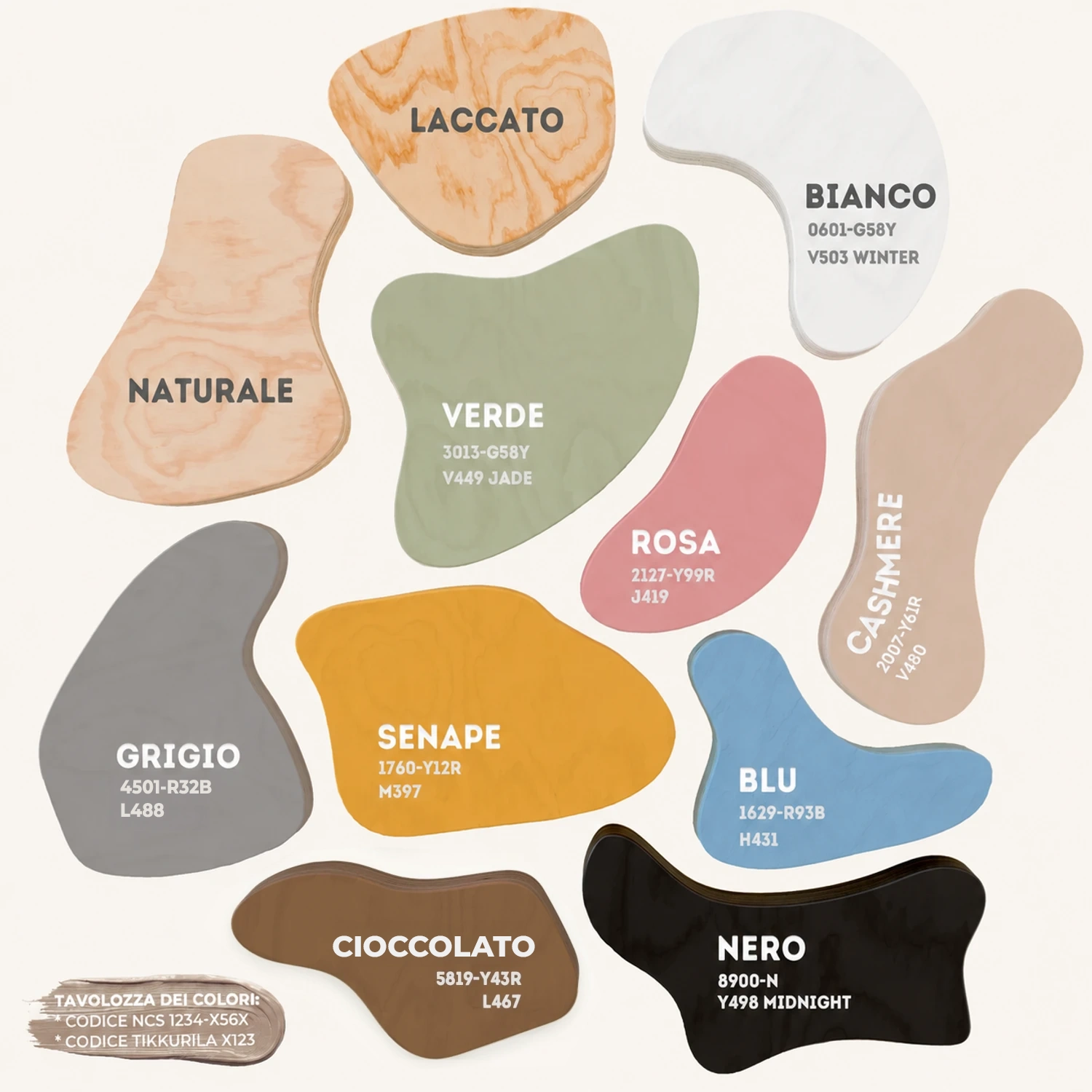 Cartella colori con codici cromatici (NCS / Tikkurila) — finiture disponibili