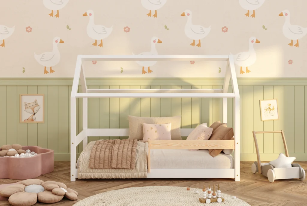 Lit en bois pour enfants en forme de maison fabriqué en bois de pin de couleur blanche avec des barrières latérales