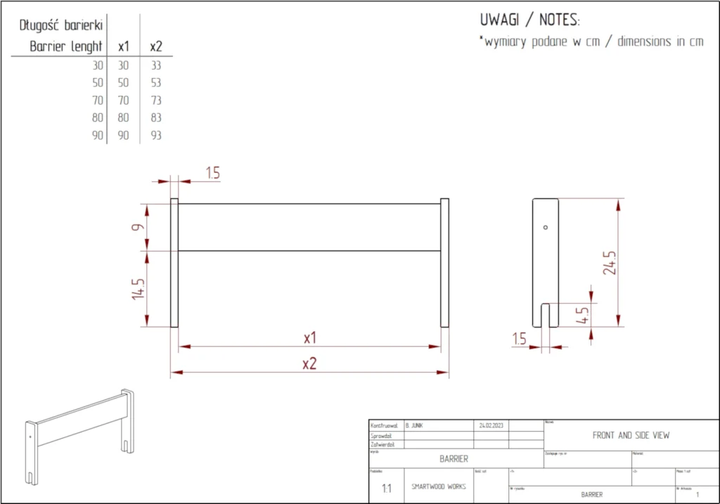 Disegno tecnico della barriera per letto