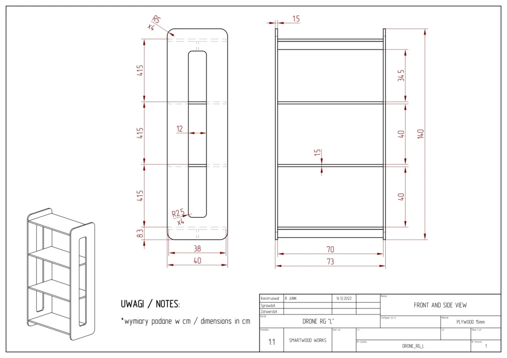 Disegno tecnico di una libreria per bambini misura L
