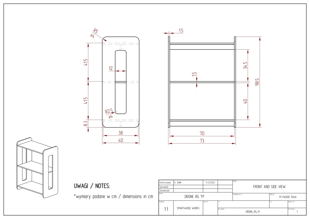 Disegno tecnico di una libreria per bambini misura M
