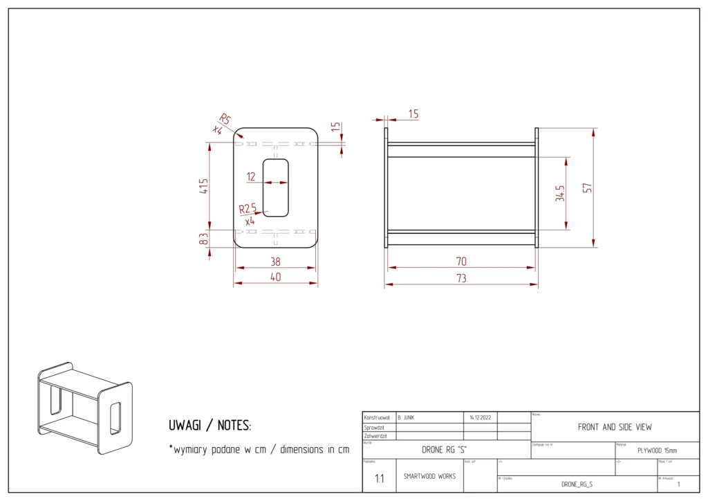 Disegno tecnico di una libreria per bambini misura S