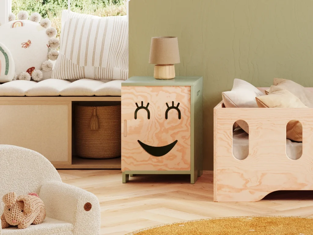 Armoire pour enfants en bois avec un visage souriant aux yeux fermés s’ouvrant vers la gauche en couleur vert