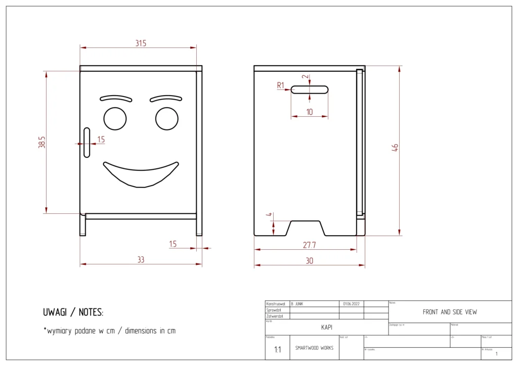 Disegno tecnico del comodino per bambini KAPI