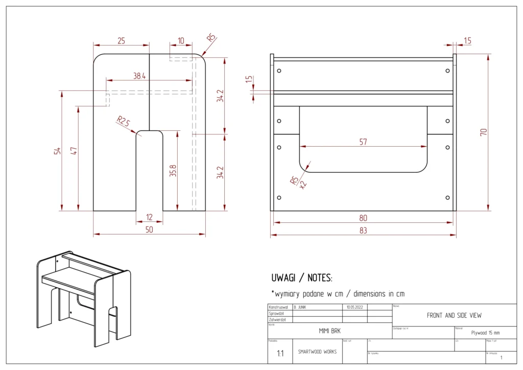 Disegno tecnico della scrivania per bambini MIMI BR