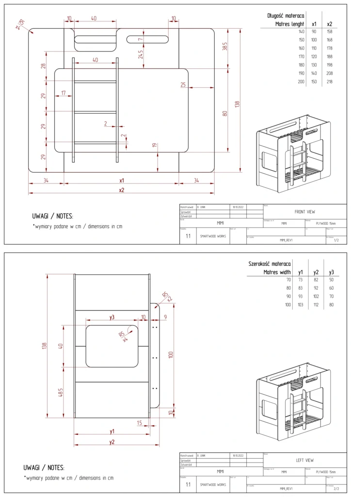 Dessin technique du lit superposé MIMI