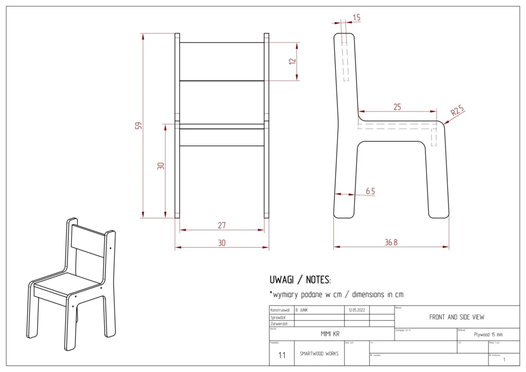 Disegno tecnico della sedia per bambini MIMI KR