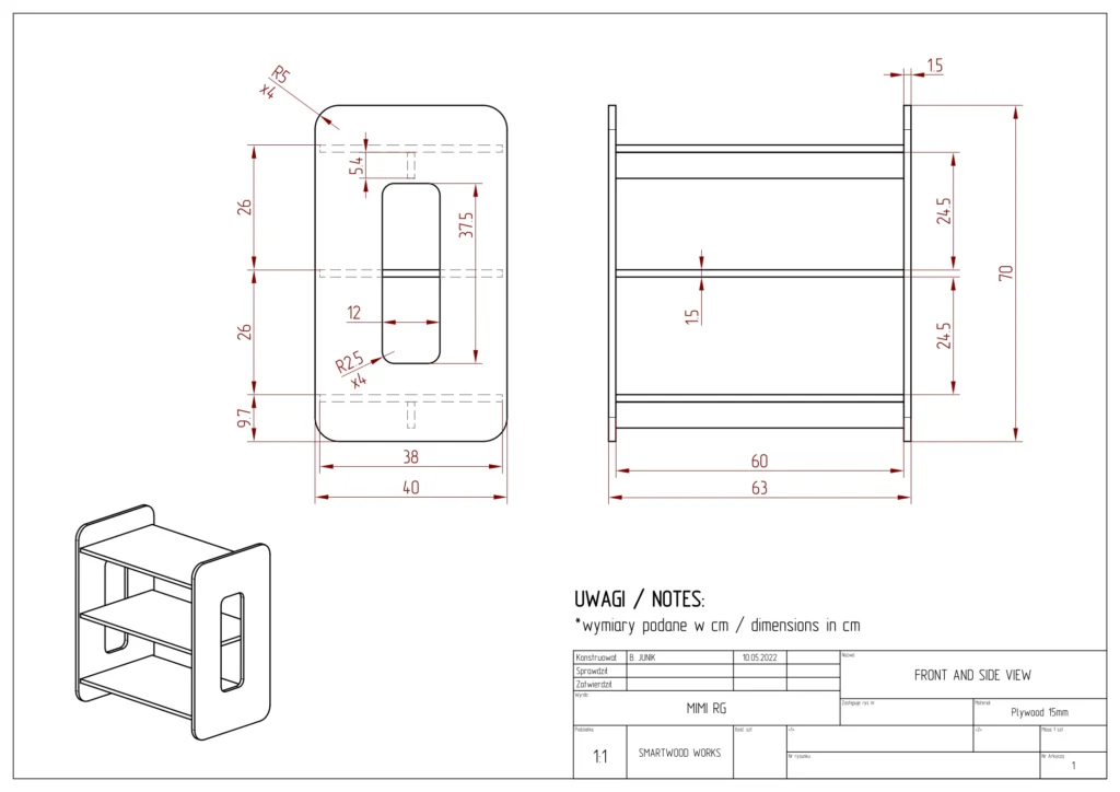Disegno tecnico dello scaffale per bambini MIMI RG