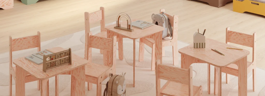 Set di tavoli e sedie per bambini realizzato in compensato di pino color legno naturale