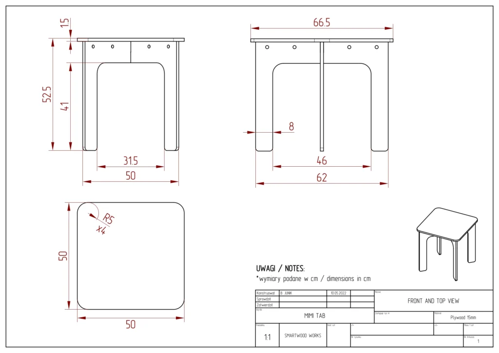 Disegno tecnico del tavolino per bambini MIMI TAB