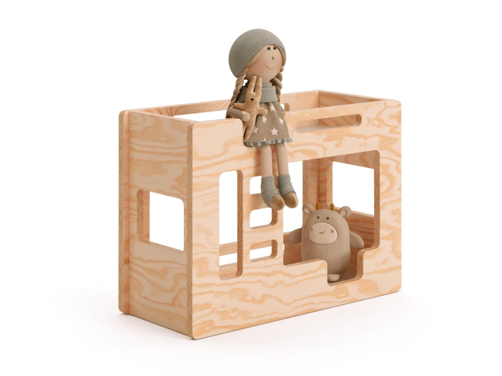 Letto a castello in legno per bambole realizzato in compensato di pino color legno naturale