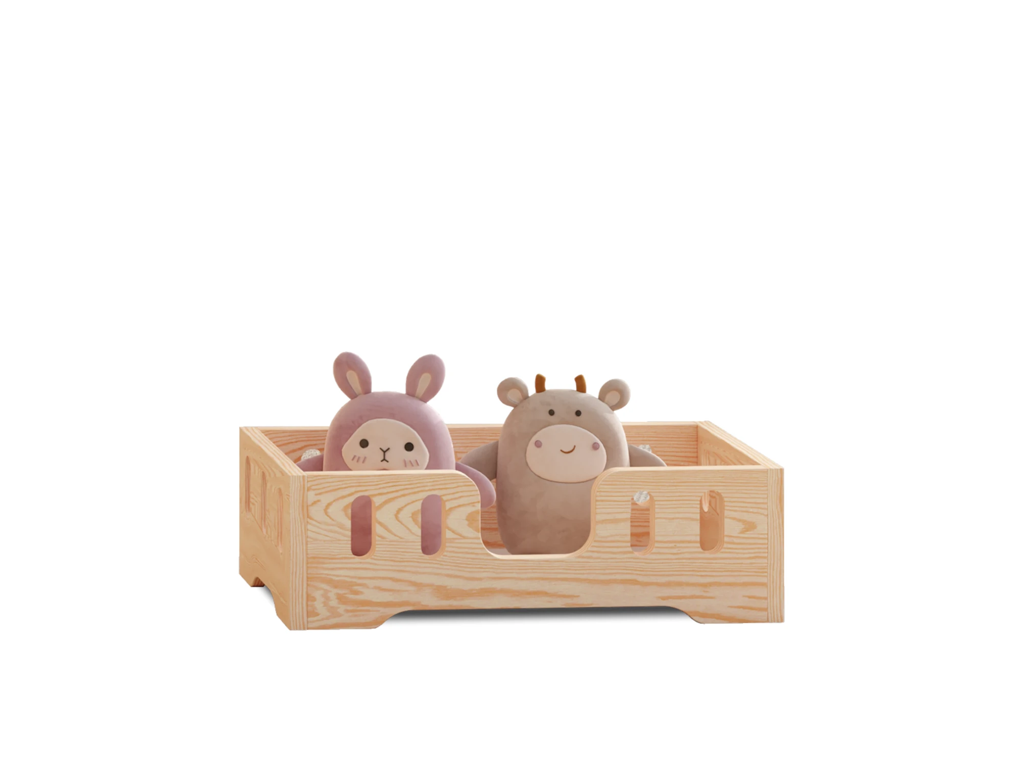 Letto in legno per bambole con aperture ovali nelle sponde e ingresso centrale in colore legno naturale