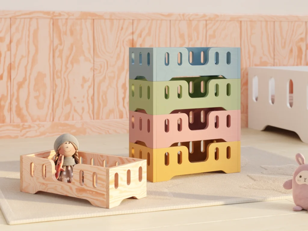 Lit en bois pour poupées en couleur bois naturel et pile de lits pour poupées en bleu, vert, rose et moutarde