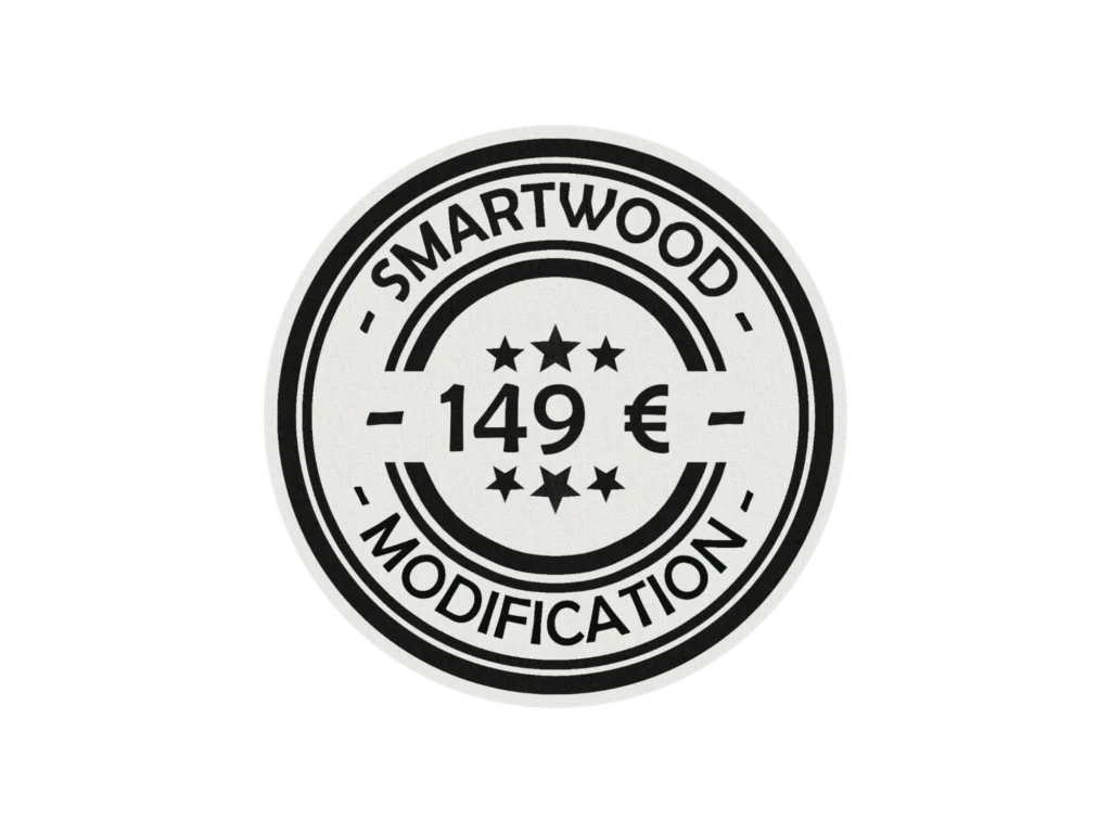 Étiquette noire et blanche avec les inscriptions Smartwood modification et 149€