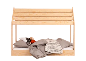 Lettino per bambini a forma di casetta realizzato in compensato di pino color legno naturale