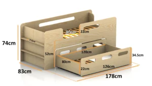 Dimensioni del lettino in legno per bambini con cassetto PIPI