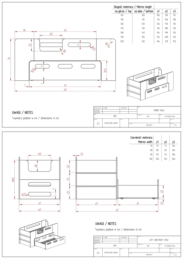Disegno tecnico del letto con cassetto PIPI