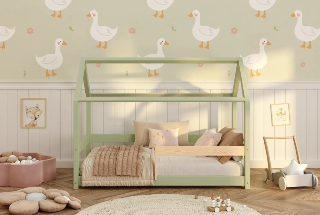 Lit en bois pour enfants en forme de maison fabriqué en bois de pin de couleur verte avec des barrières latérales