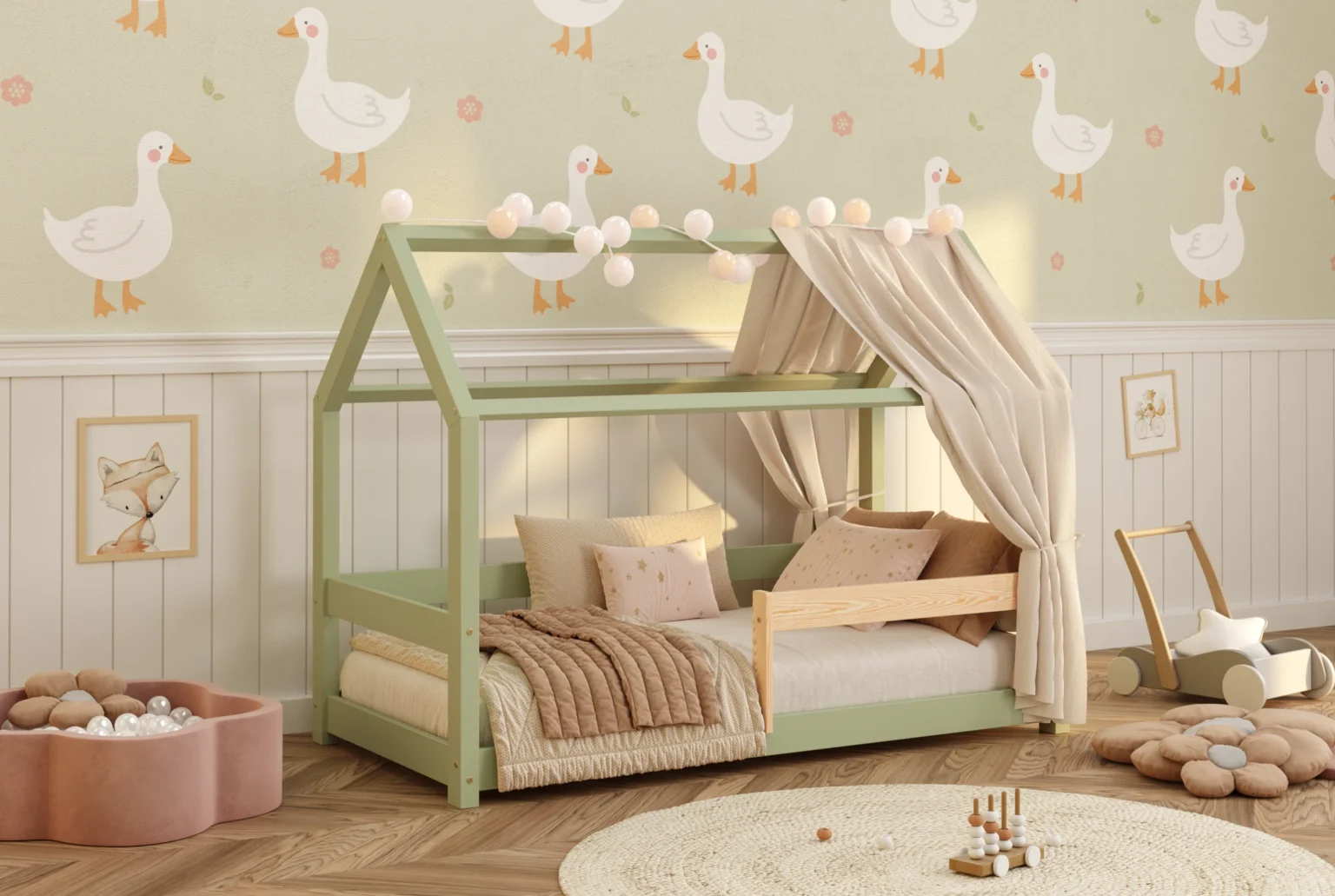 Letto a casetta in legno per bambini con barriera di sicurezza e rete MILO Montessori