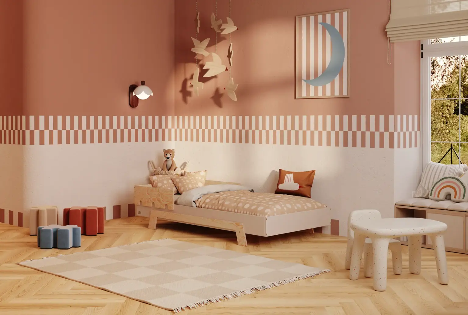 Letto singolo per bambini in legno con barriera di sicurezza e rete PUZZLE BR1 Montessori