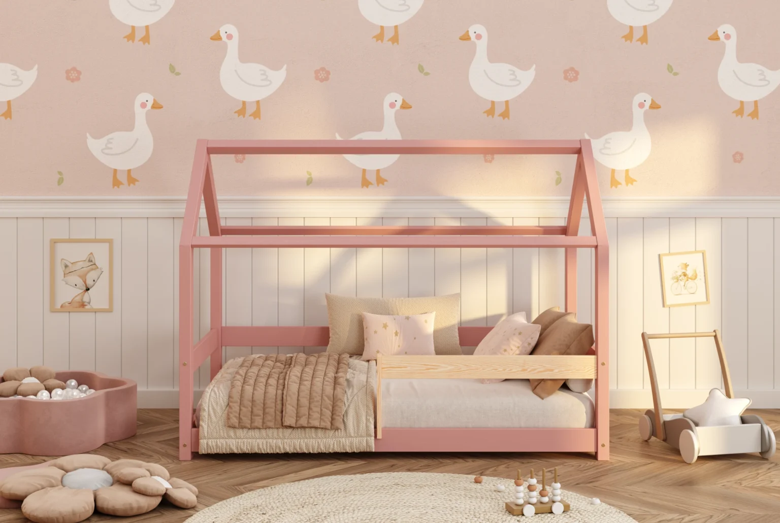Letto a casetta in legno per bambini con barriera di sicurezza e rete MILO Montessori