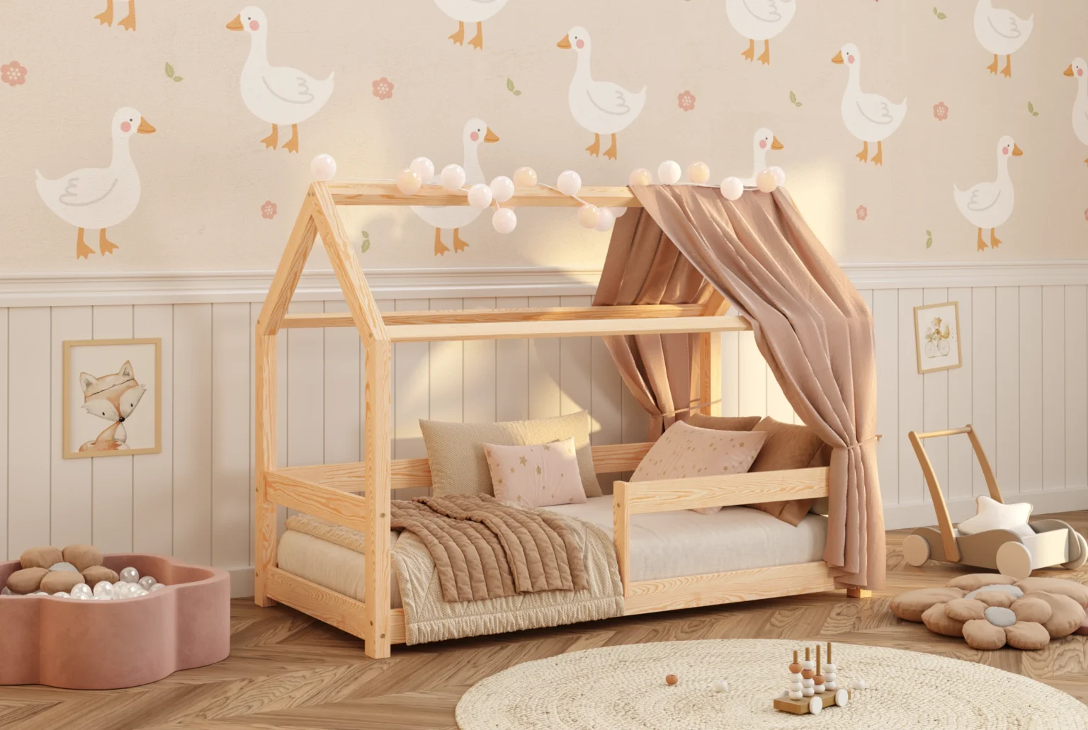 Letto a casetta in legno per bambini con barriera di sicurezza e rete MILO Montessori