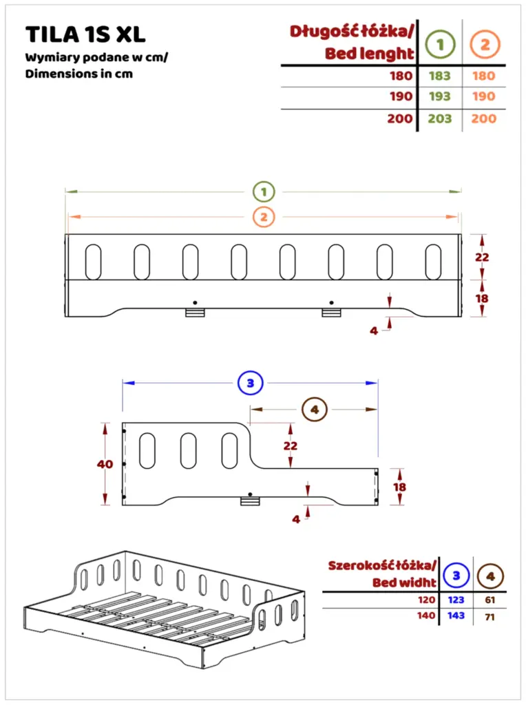 Disegno tecnico del letto per bambini TILA 1S XL con indicato lo spazio per il materasso e il telaio
