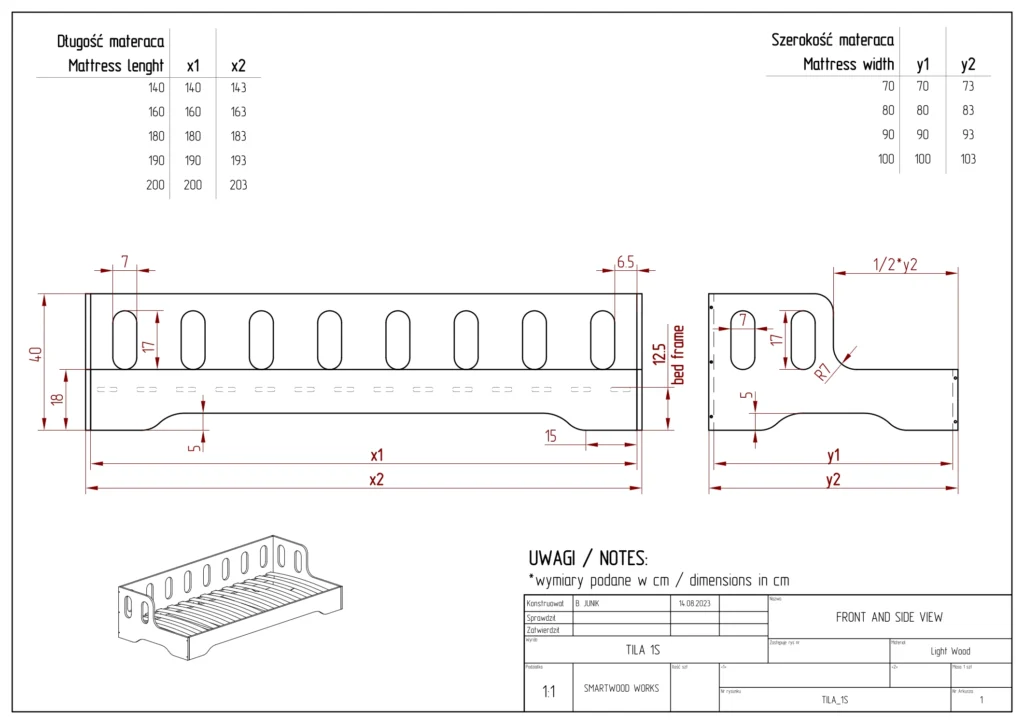 Dessin technique du lit TILA 1S