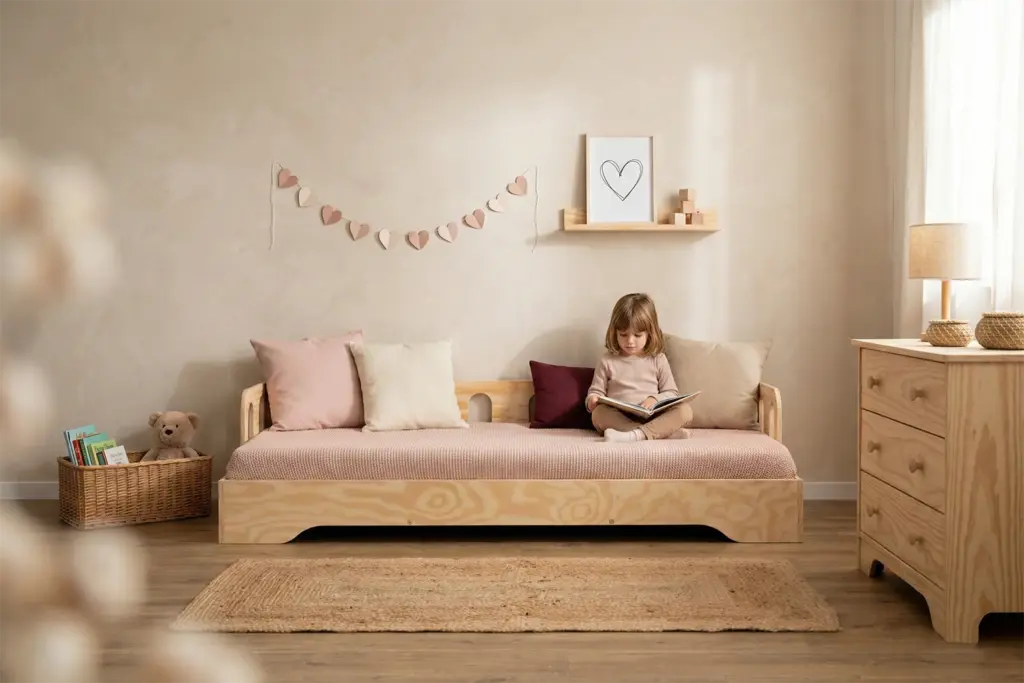Letto per bambini TILA 1S in compensato di pino naturale certificato FSC, in una cameretta dal design minimal e accogliente, con bambina seduta sul letto mentre legge un libro.