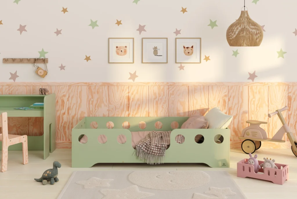 Lit en bois fabriqué en contreplaqué de pin couleur vert avec entrée centrale