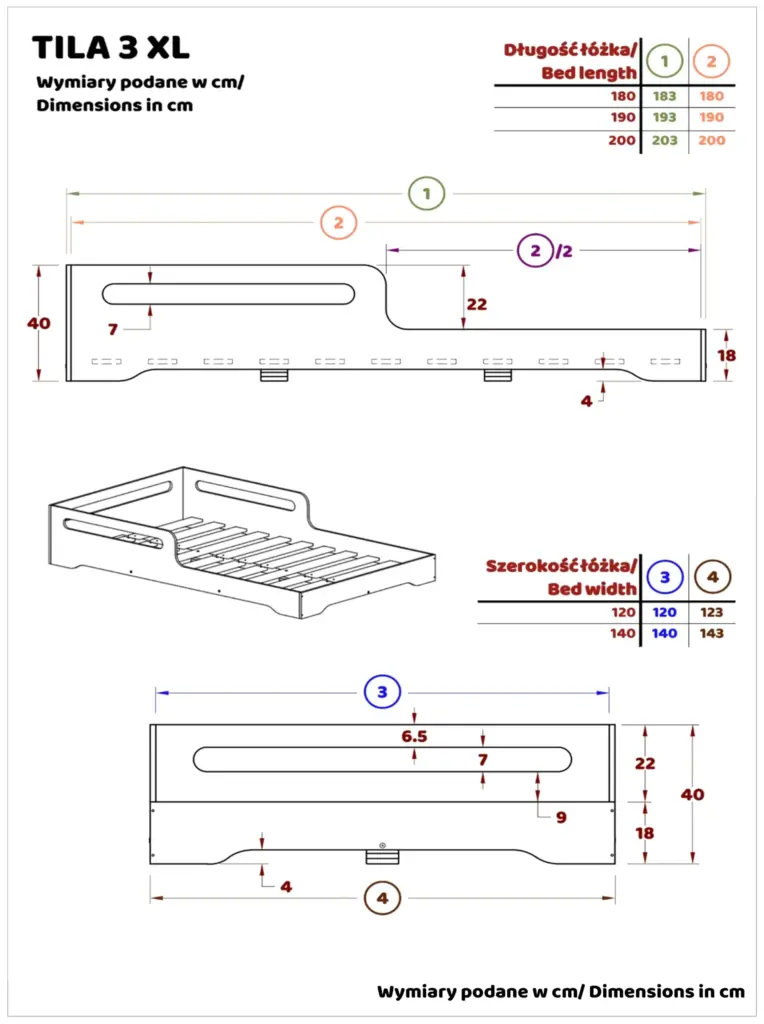 Letto bambini TILA 3 XL – disegno tecnico struttura con misure, senza materasso