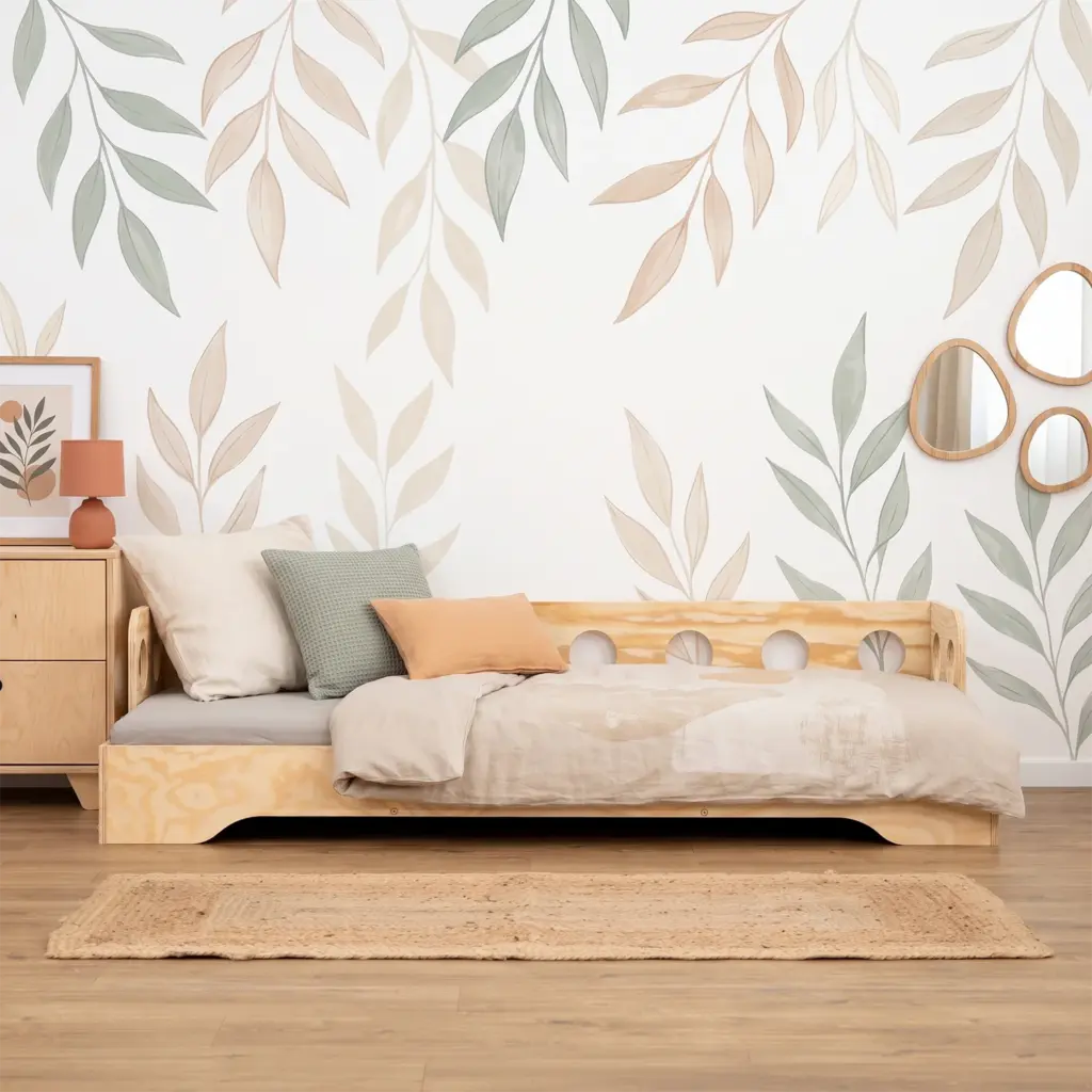 Letto singolo TILA 5S in compensato di pino naturale, inserito in una cameretta luminosa con decorazioni botaniche.
