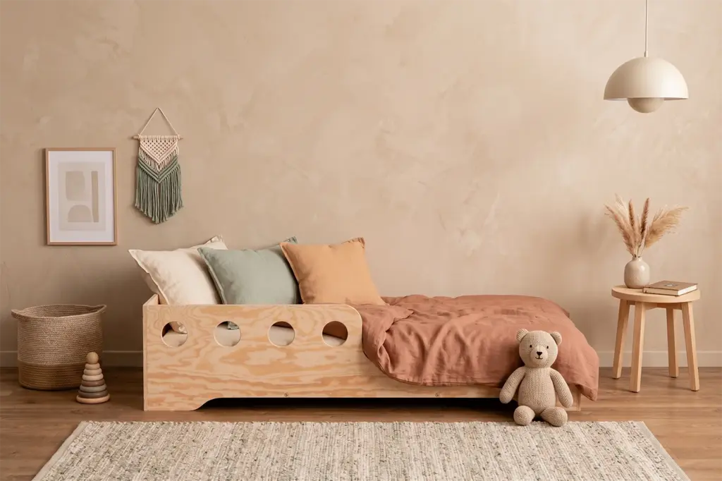 Letto singolo TILA 6C in compensato di pino naturale, inserito in una cameretta dai toni beige e terracotta.