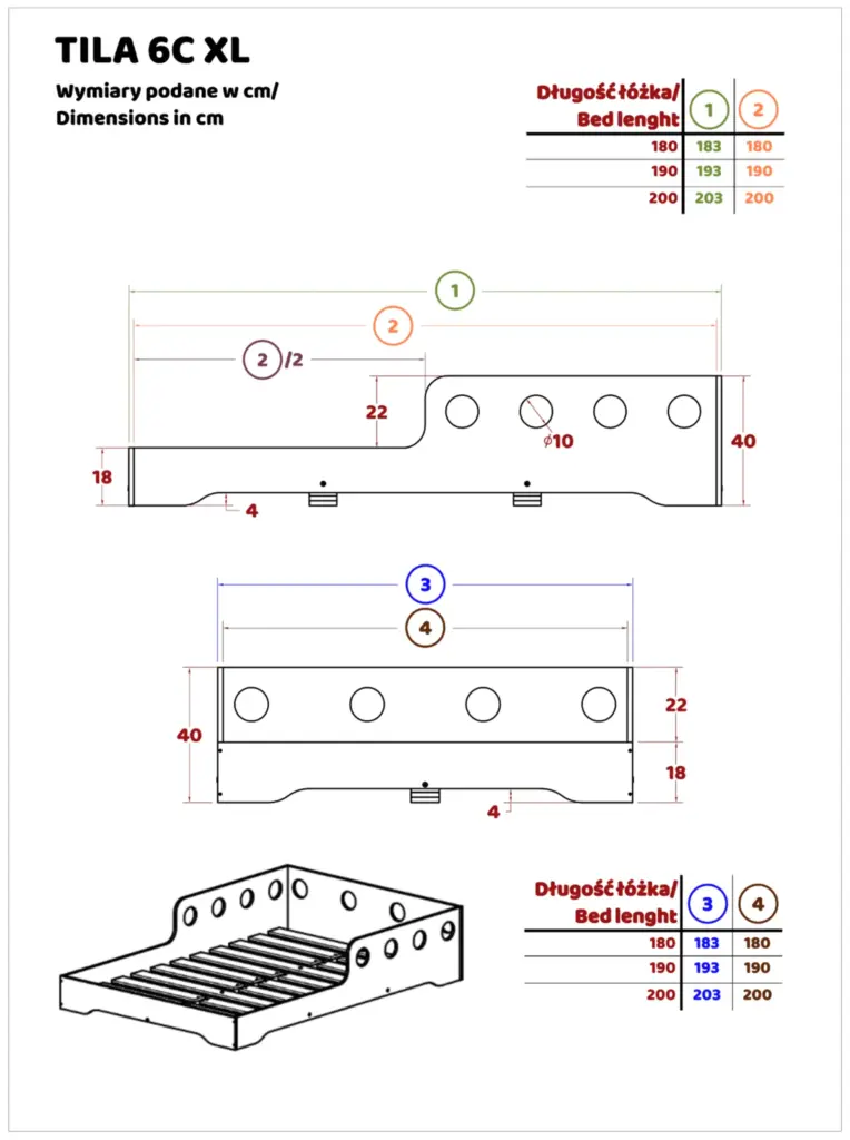 Disegno tecnico del letto per bambini TILA 6C XL visto di lato, che mostra le dimensioni della struttura del letto e l’altezza dei singoli componenti.