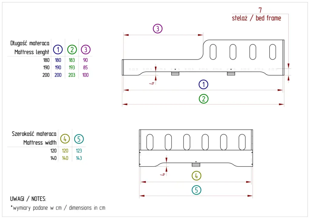 Disegno tecnico del letto TILA 6 XL vista laterale. Mostra le dimensioni della struttura del letto in centimetri, inclusa l’altezza e la larghezza dei pannelli laterali, la lunghezza della struttura e lo spazio per il materasso.